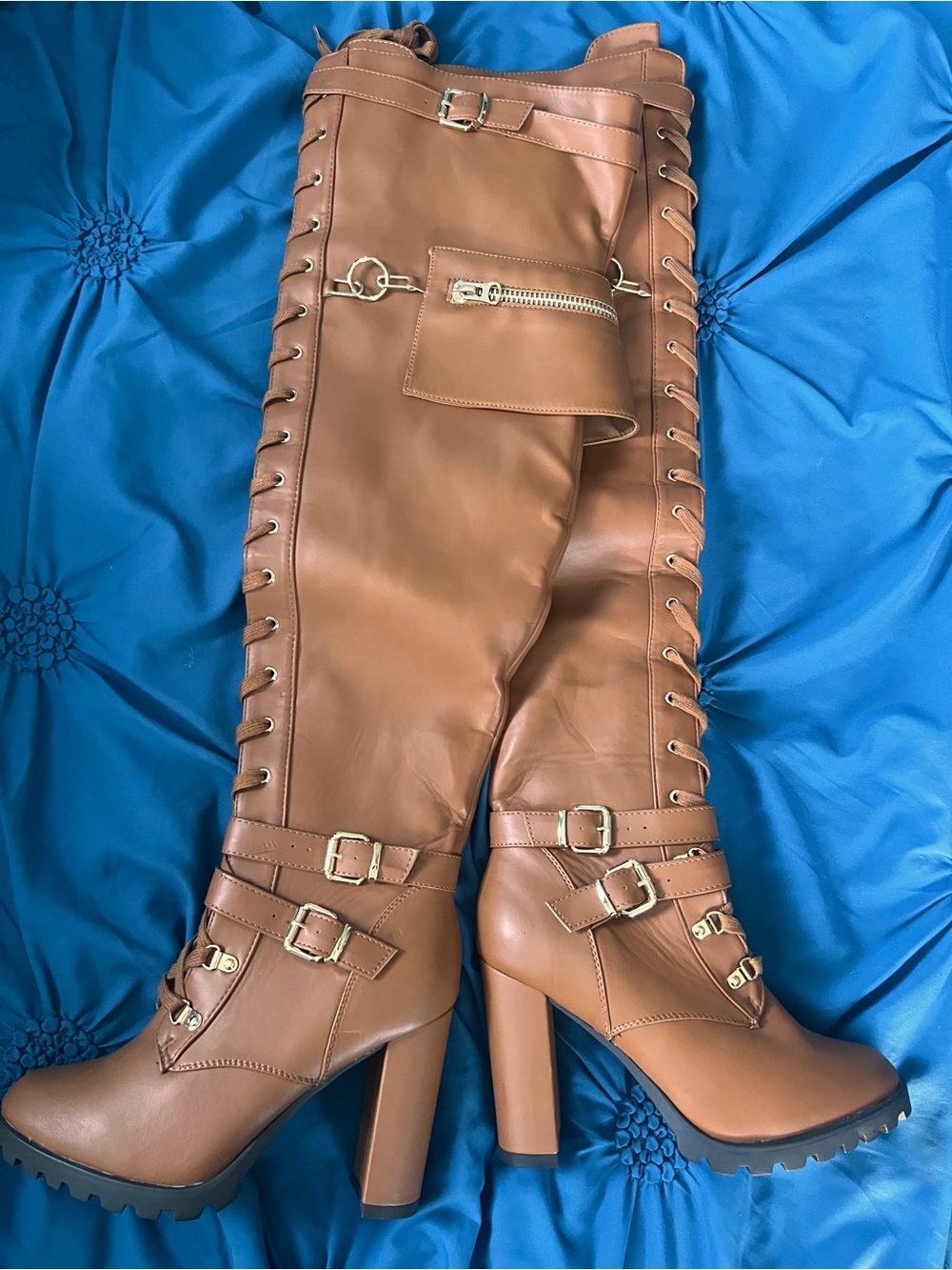 Women’s Tall 9.5 Brown Buckle Lace-Up Heeled Boots